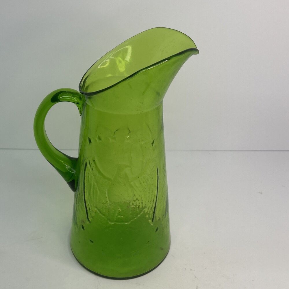 Vintage 1970s Bicentennial Green Glass American Eagle Pitcher - Hand Blown 9"